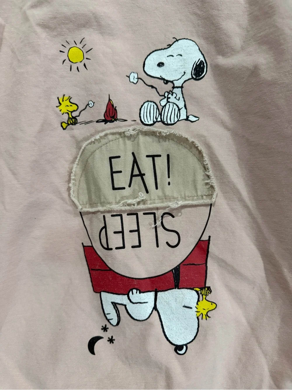 Zara Light Cream Hooded Puffer Jacket with Snoopy Back Graphic